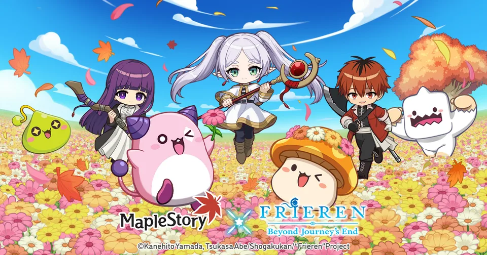 MapleStory × Frieren: Beyond Journey's End collaboration artwork set in a flower field